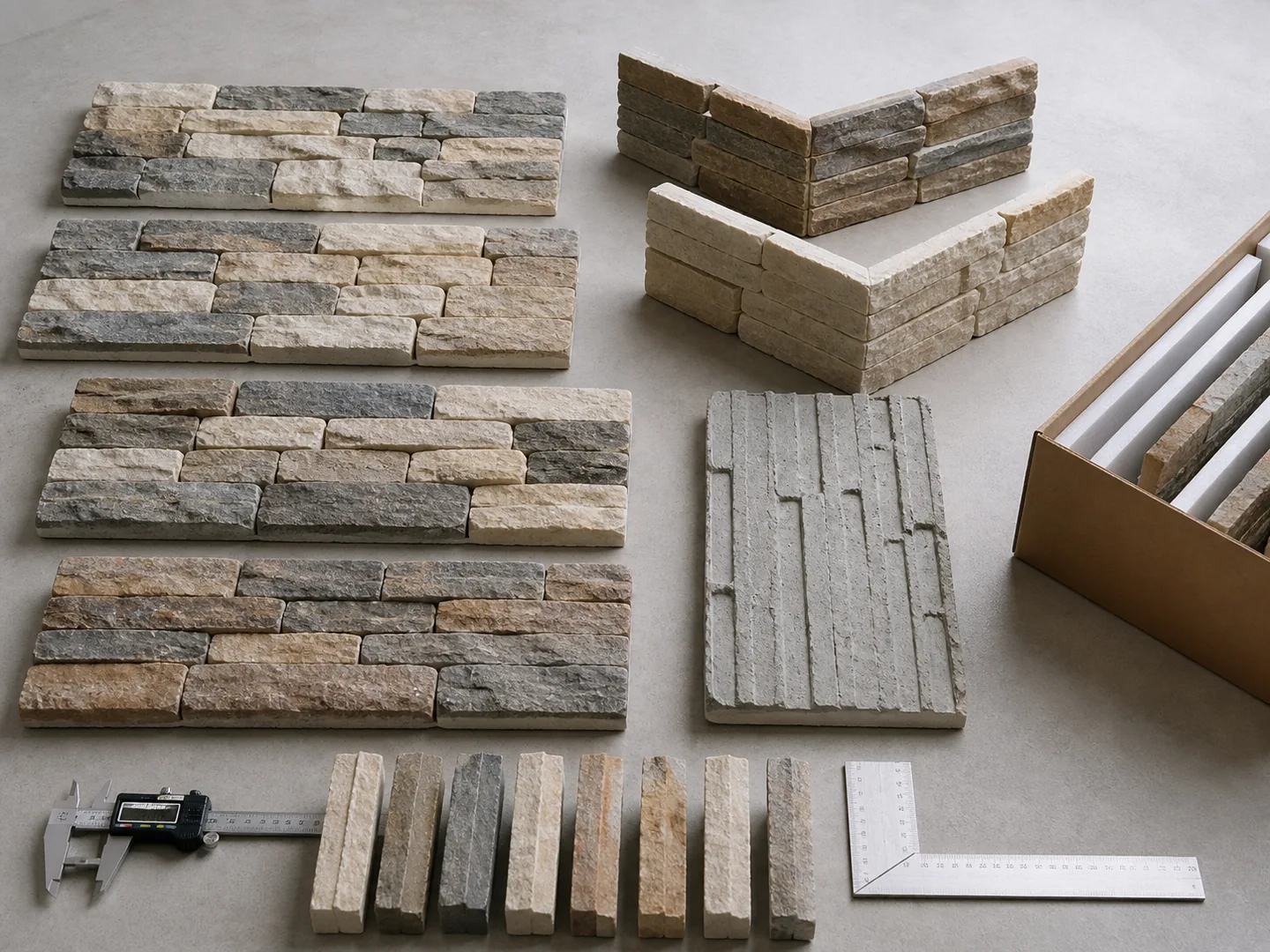 Illustrative manufactured stone veneer flats, corners, backing and colour-mix samples prepared for quality review