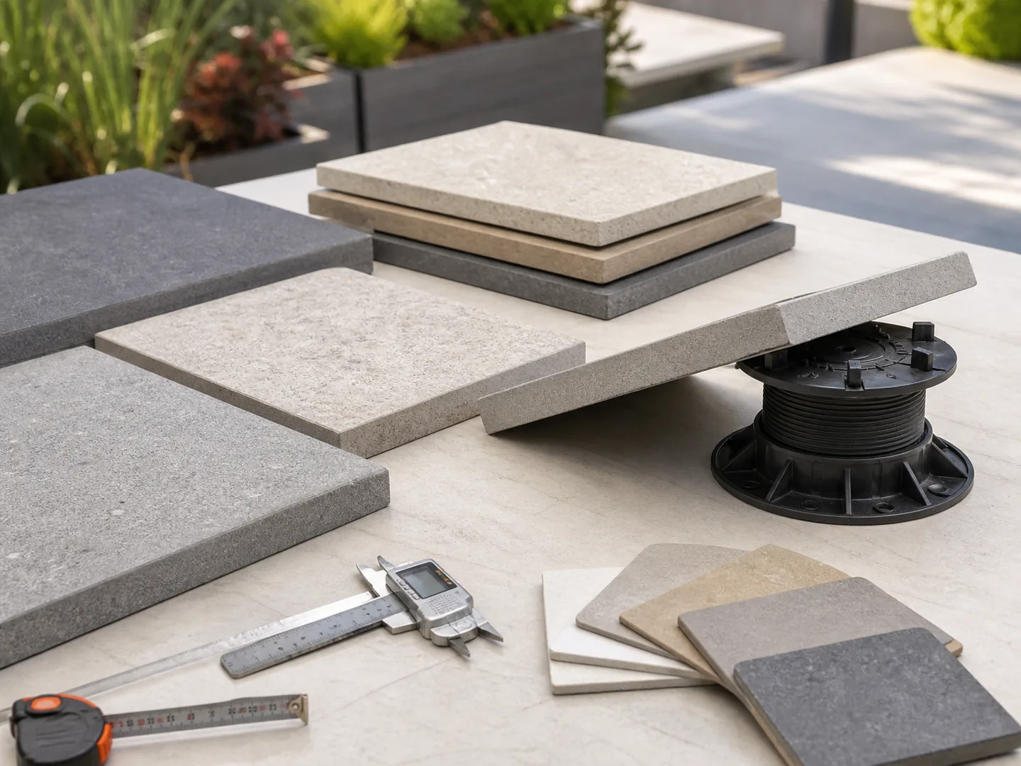 Illustrative outdoor porcelain paver samples, edge profiles and a generic pedestal support prepared for buyer review