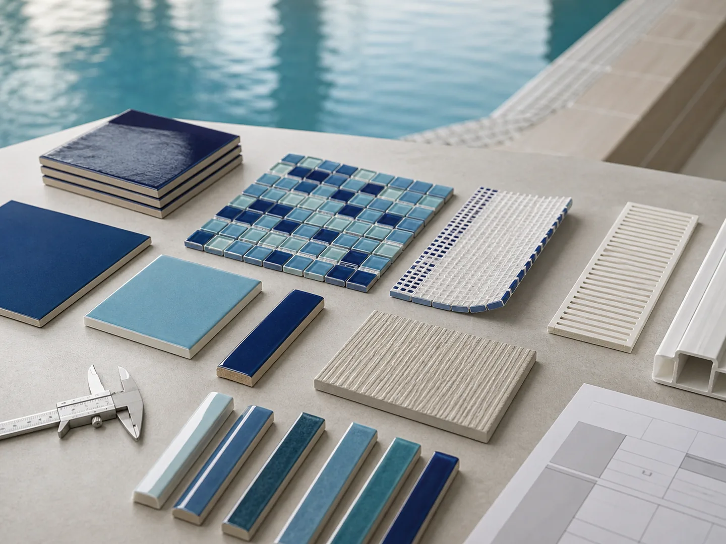 Illustrative swimming pool tile, mosaic, deck and overflow-channel samples arranged for buyer review