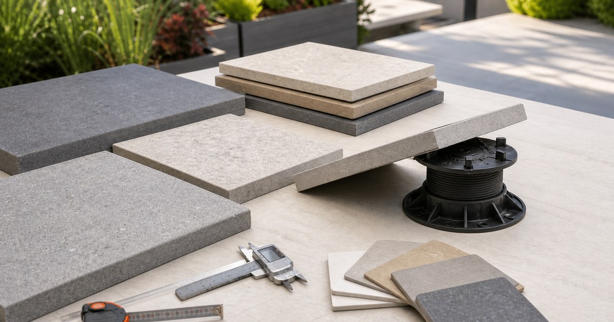 TILE IN CHINA social graphic with an illustrative outdoor porcelain paver sample arrangement and buyer control guide title