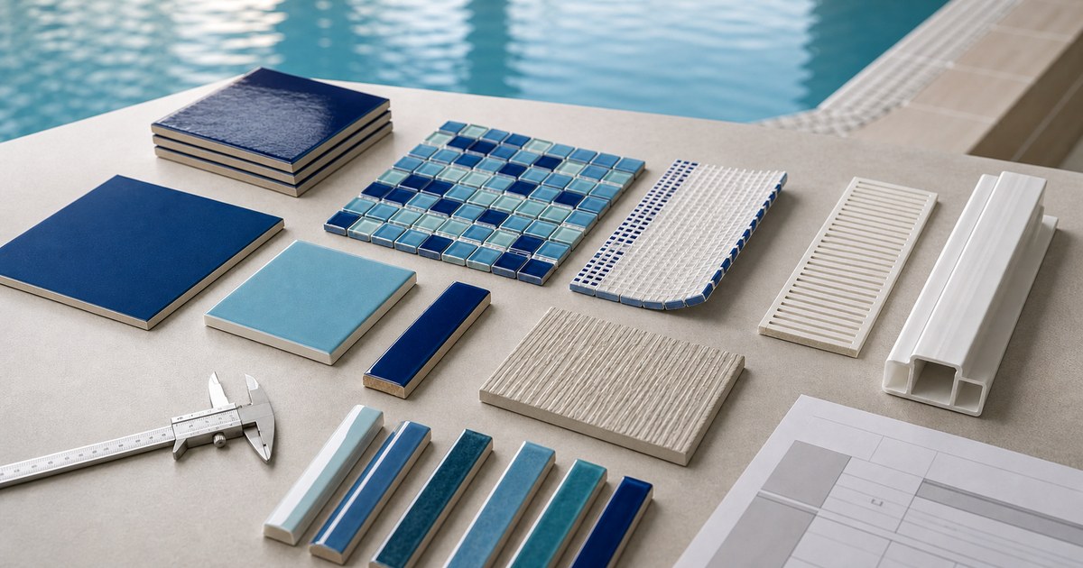 TILE IN CHINA social graphic with illustrative pool tile, mosaic and component samples arranged for a zone-based sourcing guide