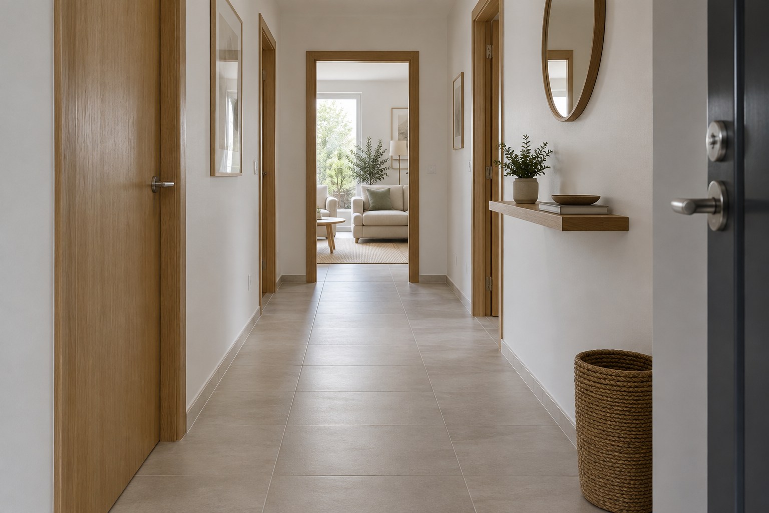 AI concept for porcelain tile hallways with pale rectangular flooring and timber door frames