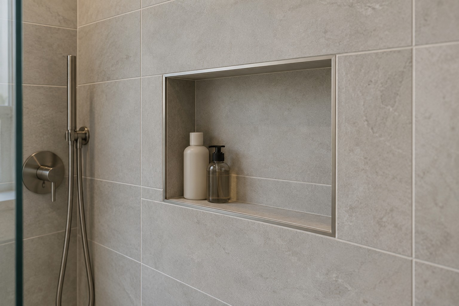 AI-generated shower niche concept with grey tile returns and a slim metal edge around the opening